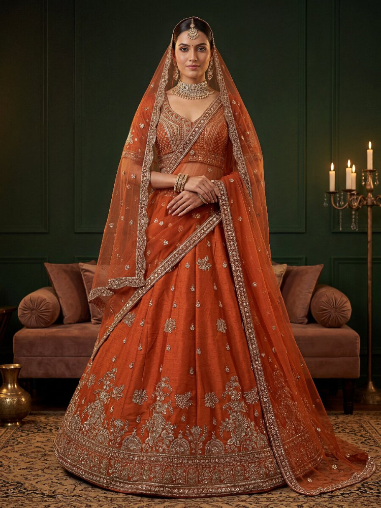 Image of Orange Gadhwal Silk Embroidery Sequins Zari Wedding Reception Party Bridal Heavy Border Lehenga Choli