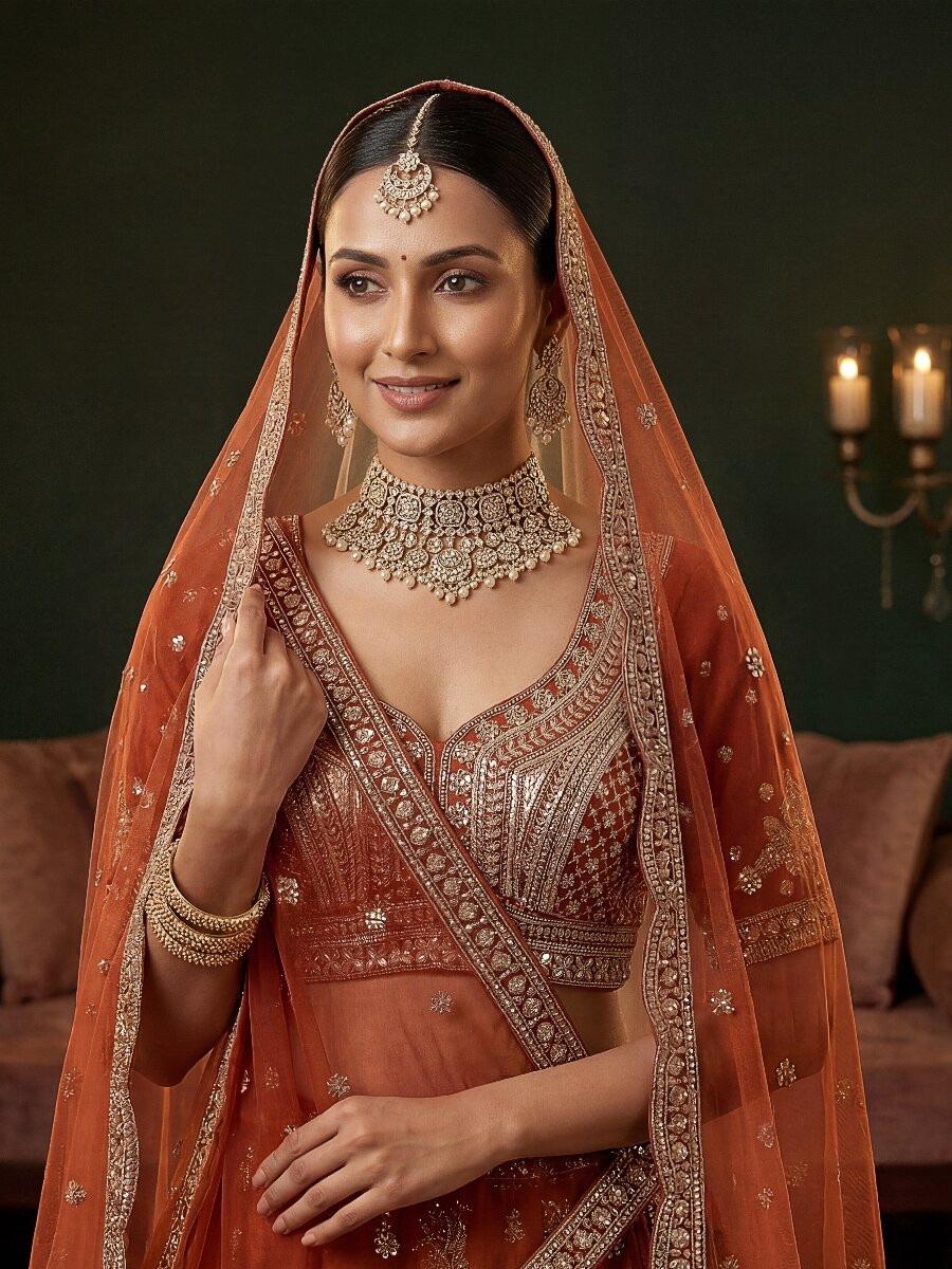Orange Gadhwal Silk Embroidery Sequins Zari Wedding Reception Party Bridal Heavy Border Lehenga Choli