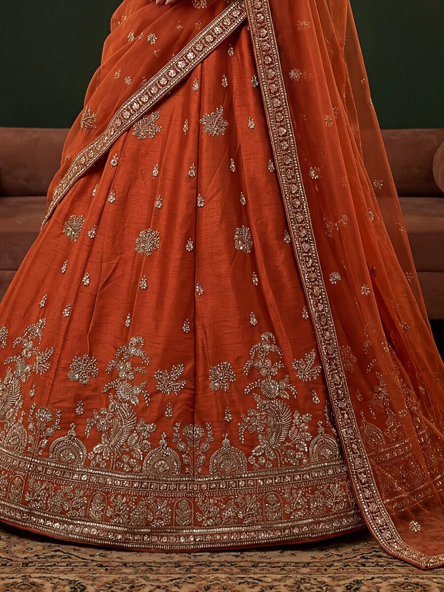 Orange Gadhwal Silk Embroidery Sequins Zari Wedding Reception Party Bridal Heavy Border Lehenga Choli