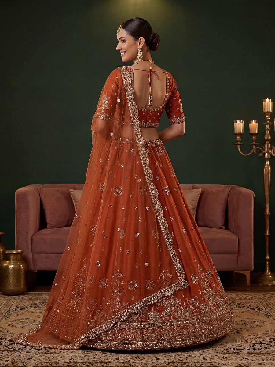 Orange Gadhwal Silk Embroidery Sequins Zari Wedding Reception Party Bridal Heavy Border Lehenga Choli