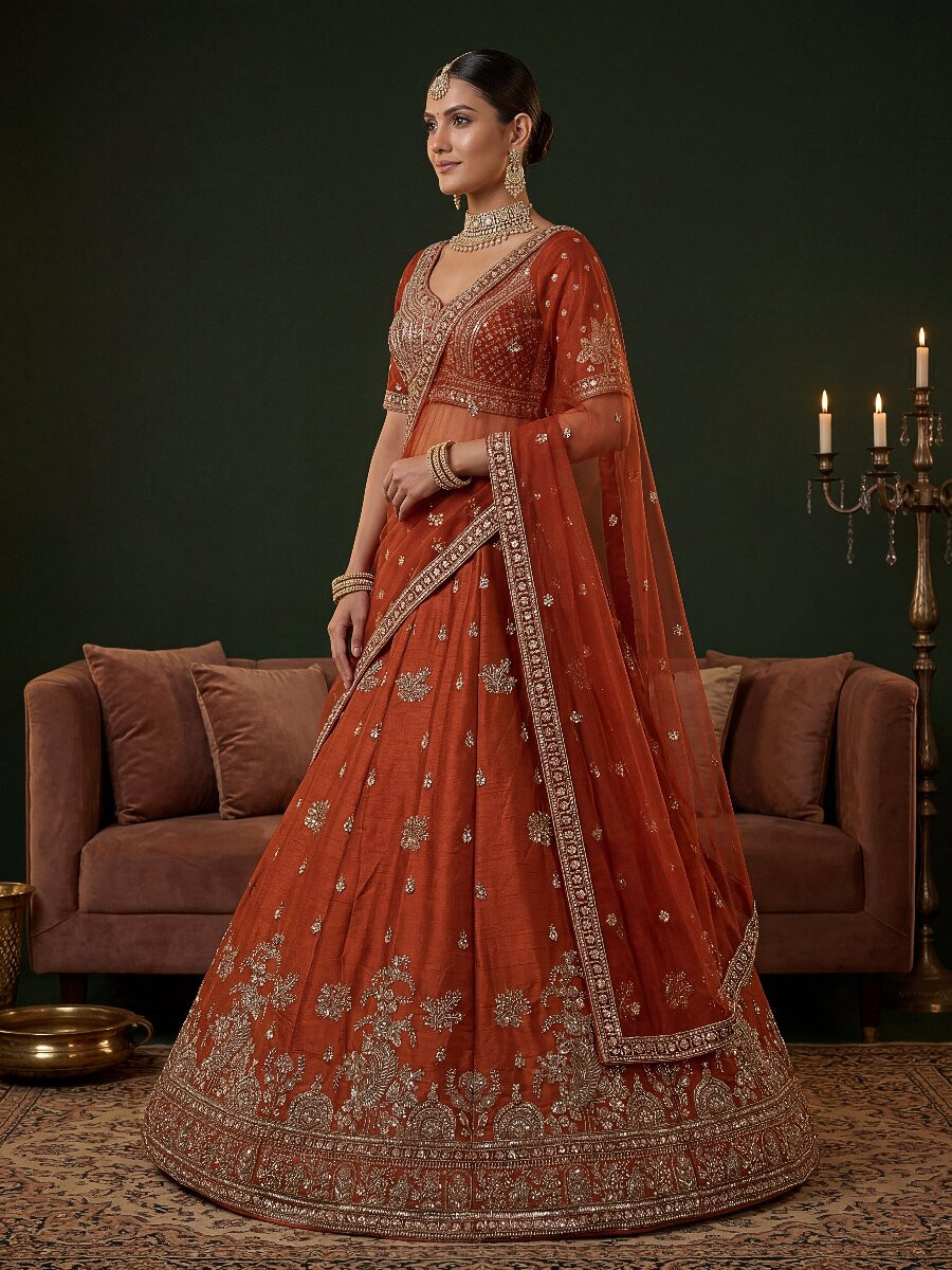 Orange Gadhwal Silk Embroidery Sequins Zari Wedding Reception Party Bridal Heavy Border Lehenga Choli