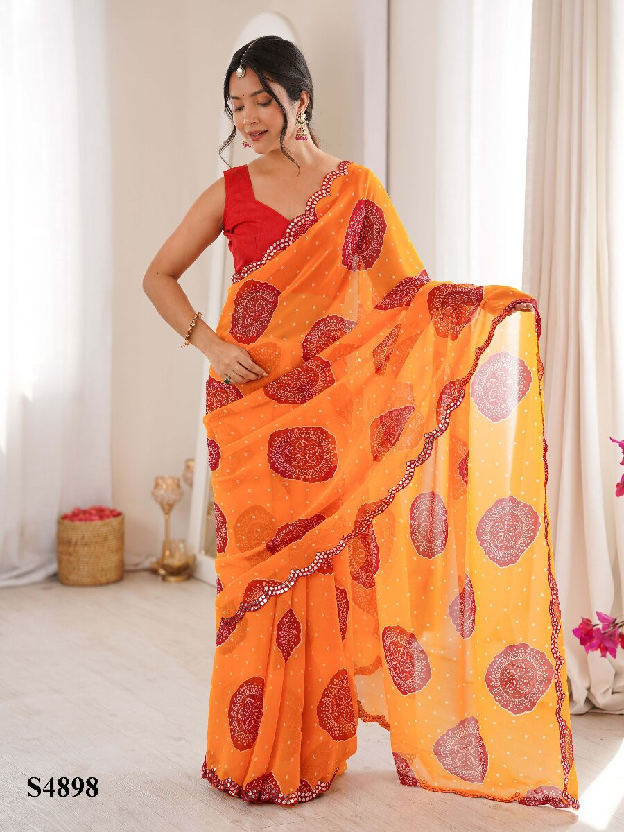 Orange Georgette Bandhani Printed Mirror Cut Work Wedding Reception Party Festival Casual Heavy Border Sarees