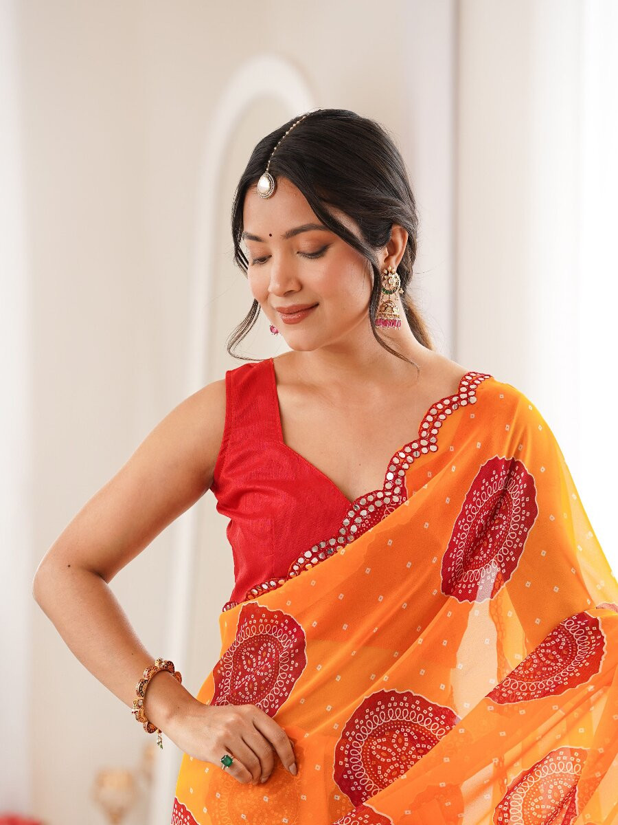 Orange Georgette Bandhani Printed Mirror Cut Work Wedding Reception Party Festival Casual Heavy Border Sarees