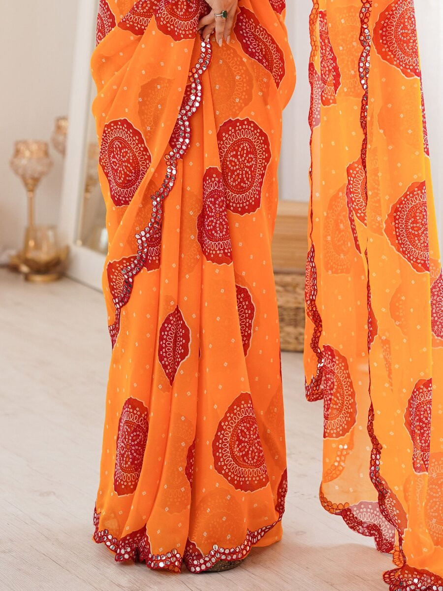 Orange Georgette Bandhani Printed Mirror Cut Work Wedding Reception Party Festival Casual Heavy Border Sarees