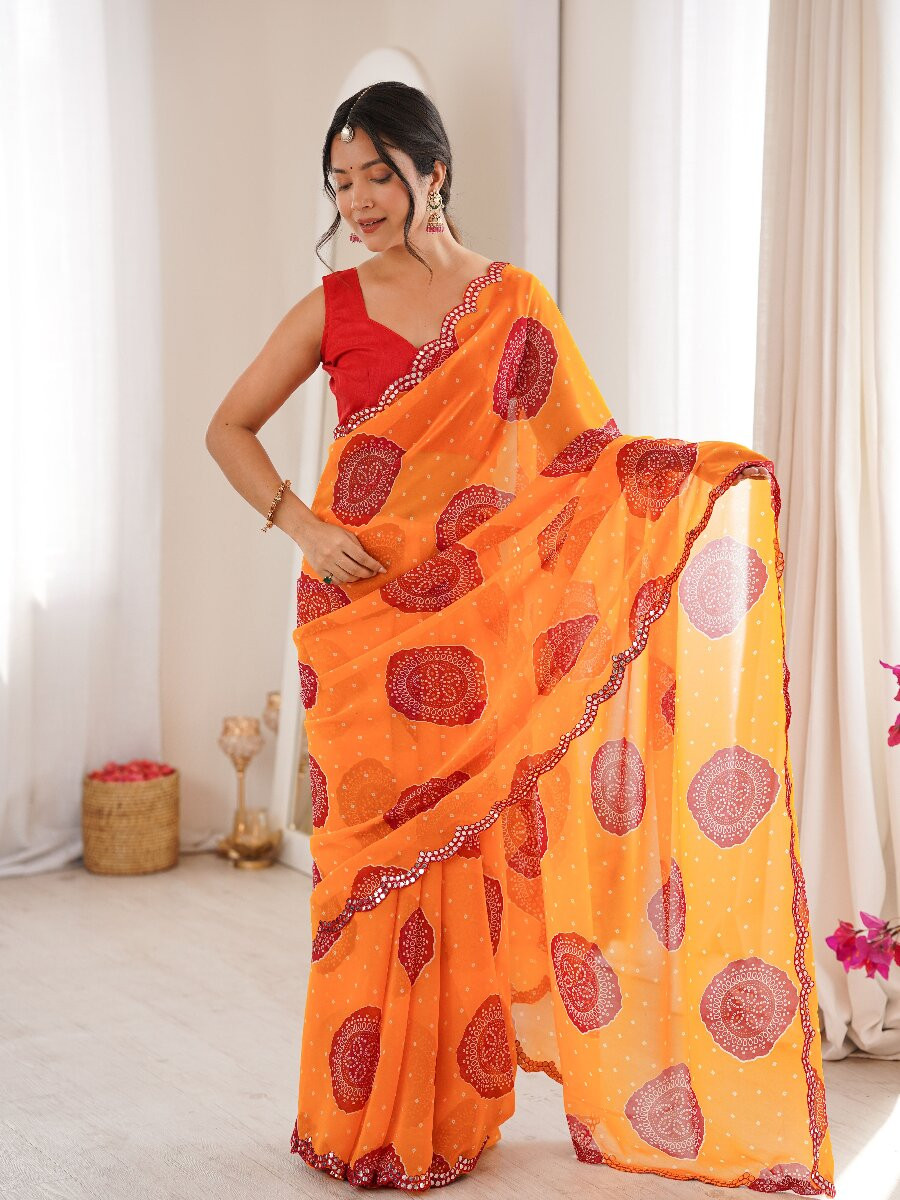 Orange Georgette Bandhani Printed Mirror Cut Work Wedding Reception Party Festival Casual Heavy Border Sarees