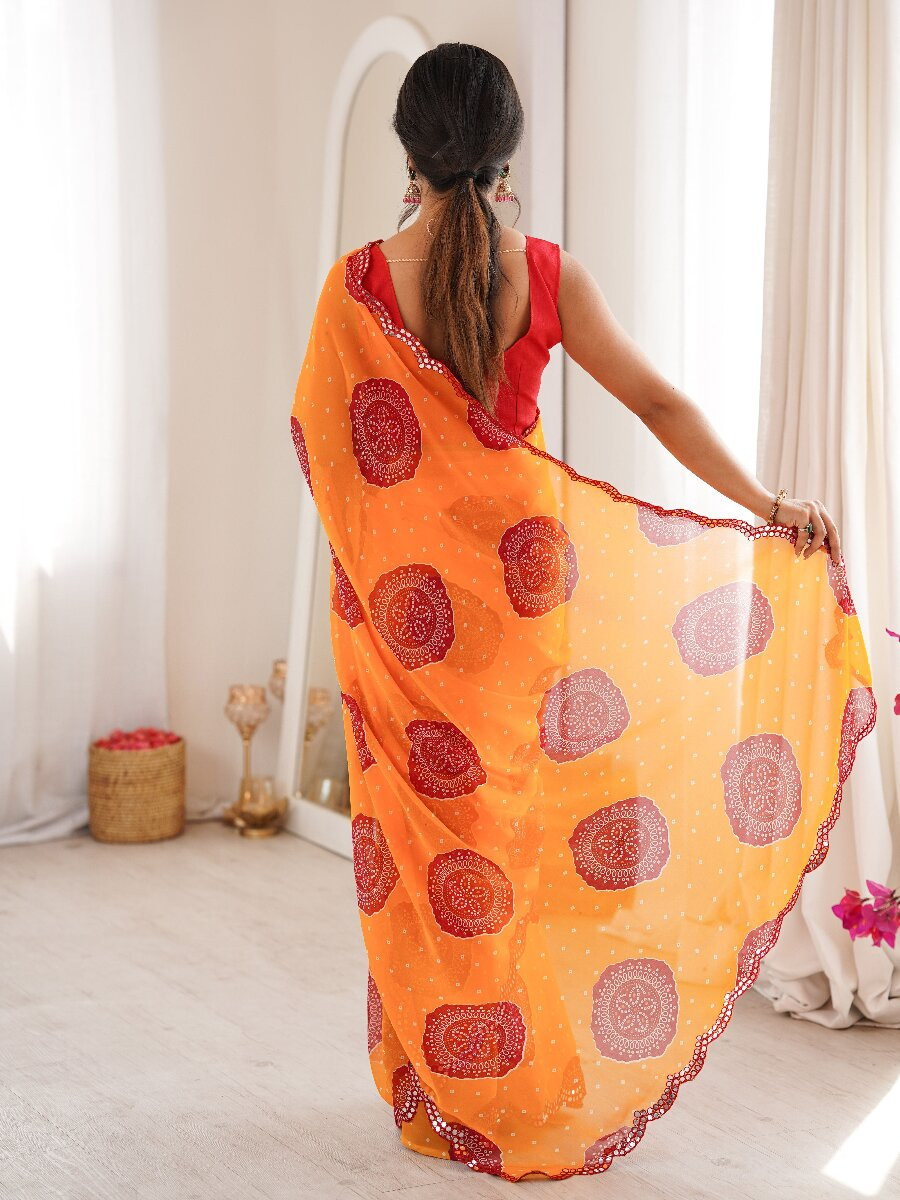 Orange Georgette Bandhani Printed Mirror Cut Work Wedding Reception Party Festival Casual Heavy Border Sarees