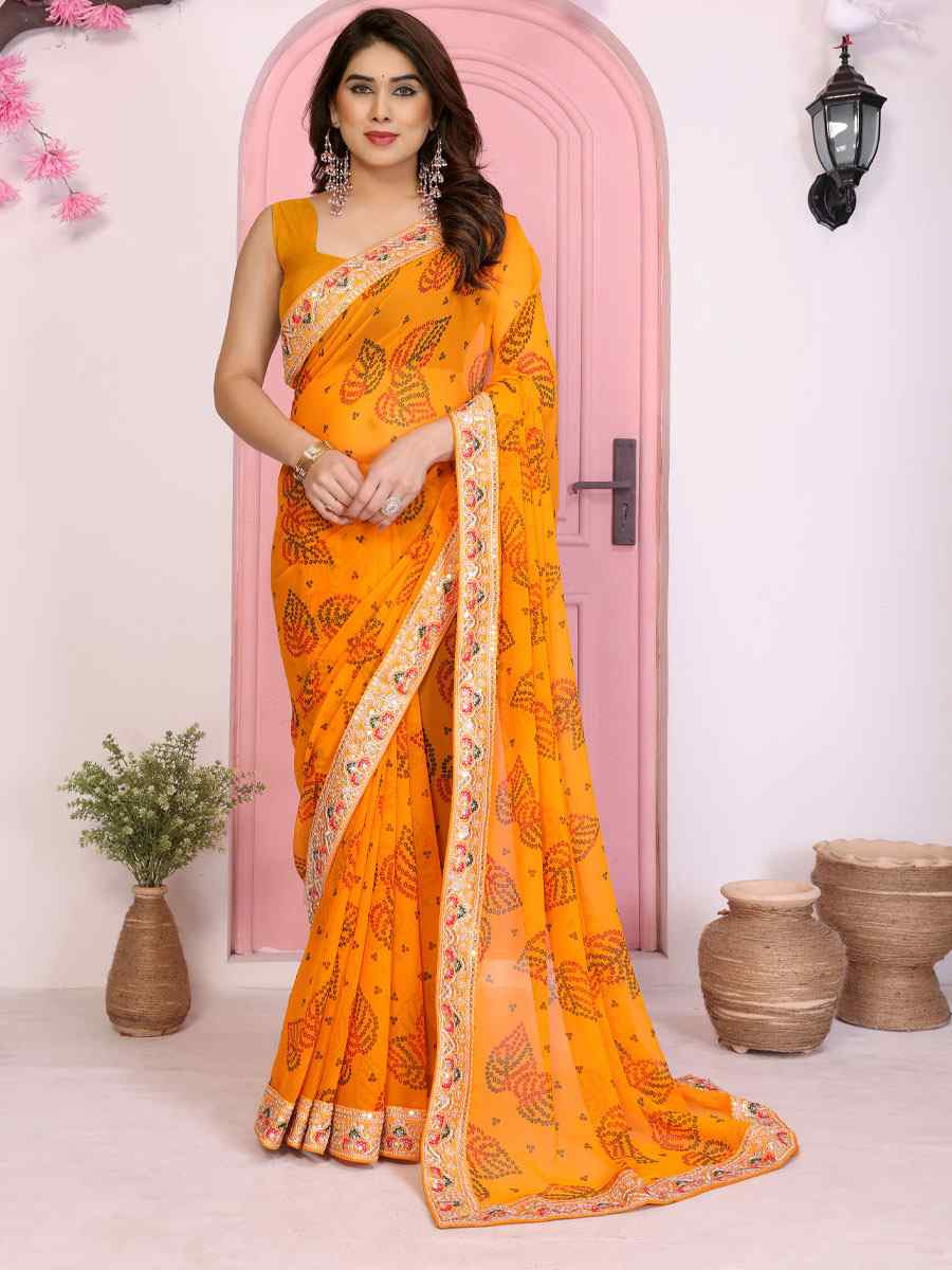 Orange Georgette Bhandej Print with Embroidery Party Bridal Reception Festival Wedding Fancy Heavy Border Saree