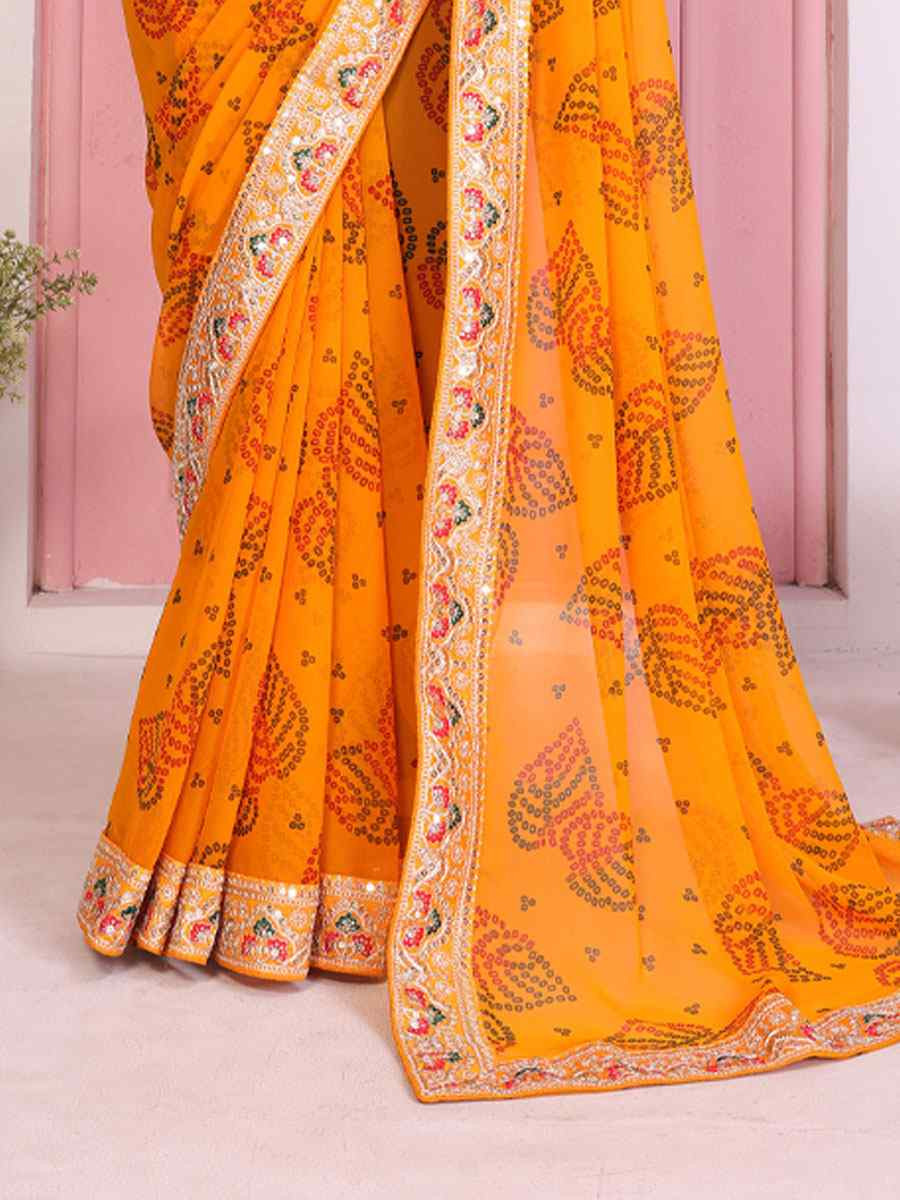 Orange Georgette Bhandej Print with Embroidery Party Bridal Reception Festival Wedding Fancy Heavy Border Saree