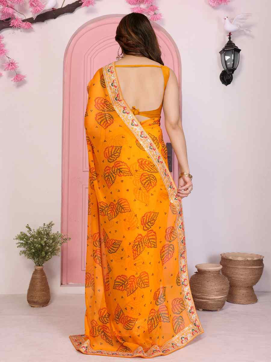 Orange Georgette Bhandej Print with Embroidery Party Bridal Reception Festival Wedding Fancy Heavy Border Saree