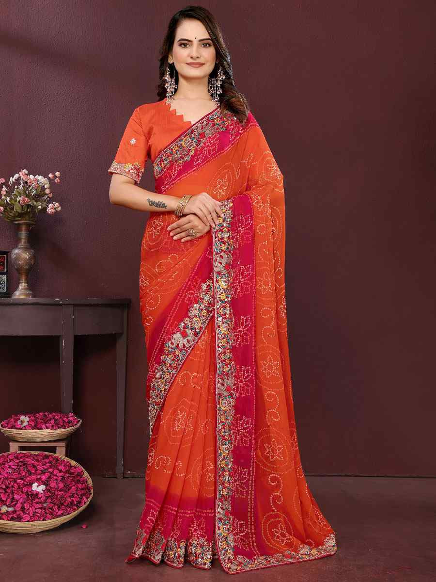 Orange Georgette Bhandej Print with Embroidery Party Bridal Reception Festival Wedding Fancy Heavy Border Saree