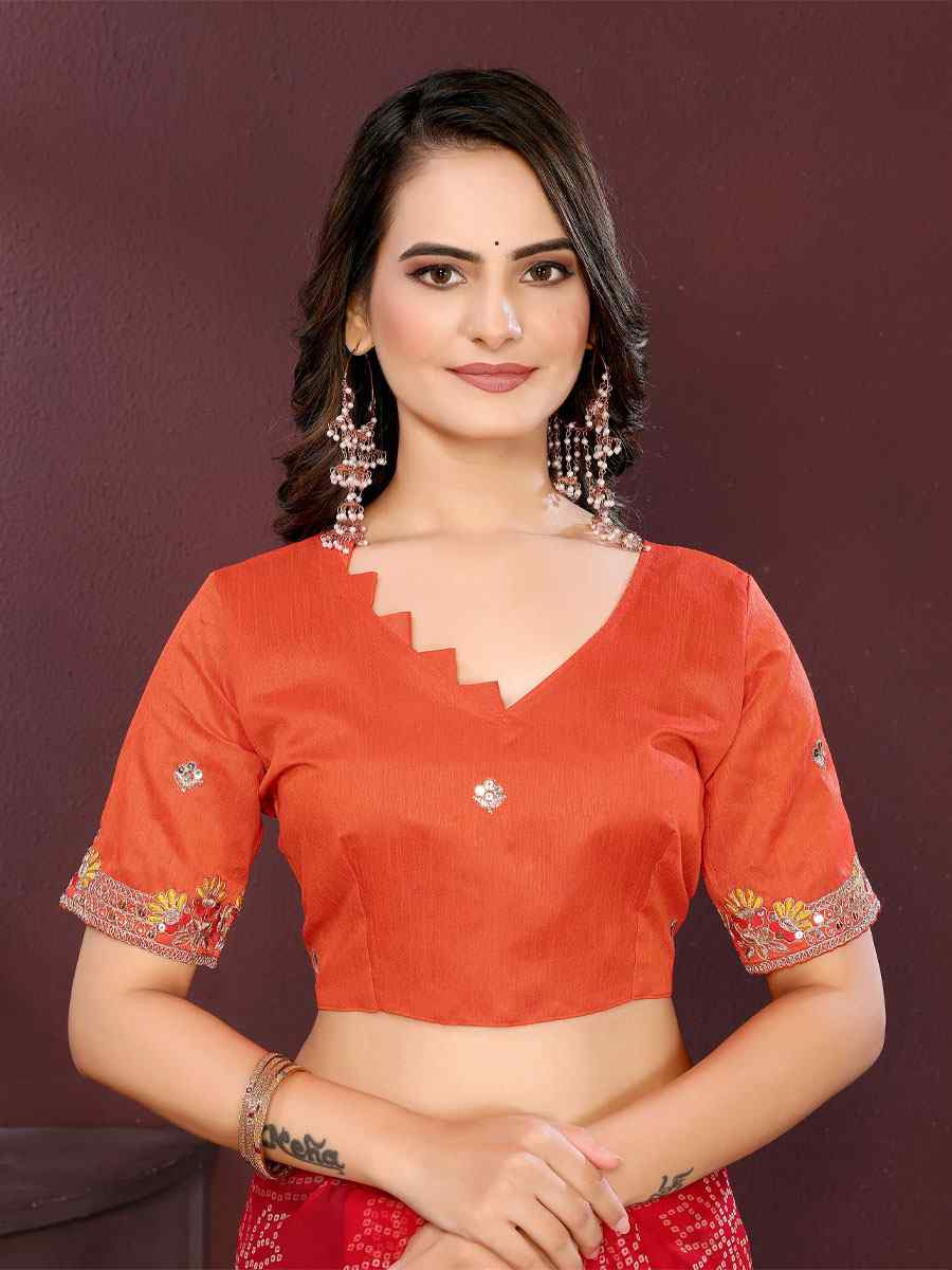 Orange Georgette Bhandej Print with Embroidery Party Bridal Reception Festival Wedding Fancy Heavy Border Saree