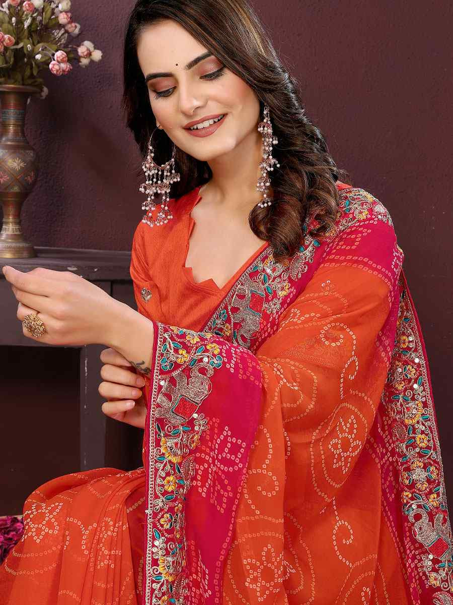 Orange Georgette Bhandej Print with Embroidery Party Bridal Reception Festival Wedding Fancy Heavy Border Saree