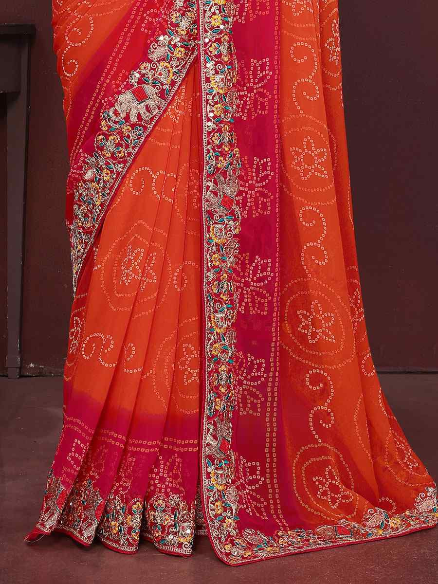 Orange Georgette Bhandej Print with Embroidery Party Bridal Reception Festival Wedding Fancy Heavy Border Saree