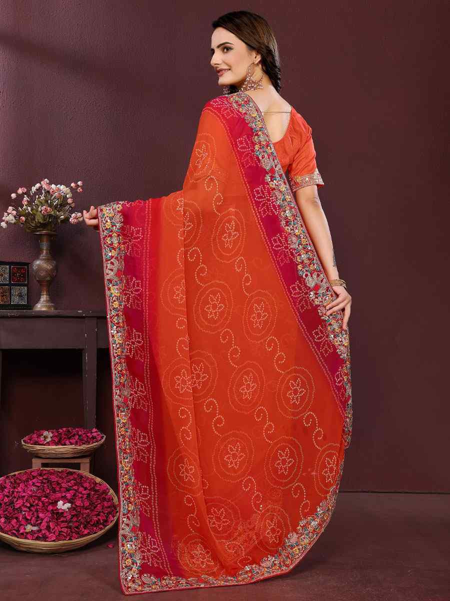 Orange Georgette Bhandej Print with Embroidery Party Bridal Reception Festival Wedding Fancy Heavy Border Saree