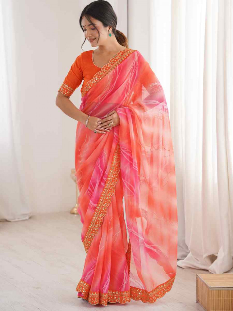 Image of Orange Georgette Chiffon Printed Sequins Embroidery Reception Festival Wedding Party Fancy Heavy Border Sarees