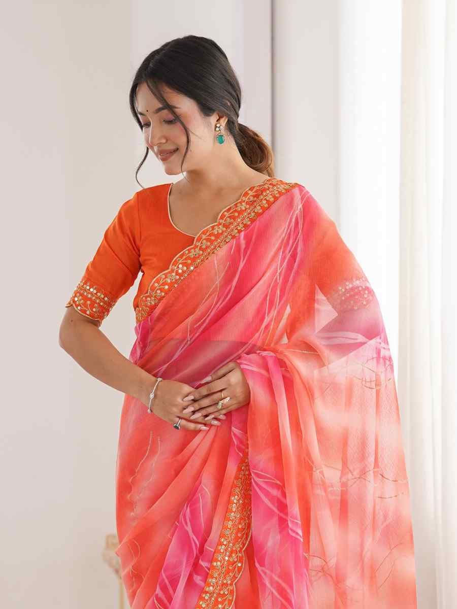 Orange Georgette Chiffon Printed Sequins Embroidery Reception Festival Wedding Party Fancy Heavy Border Sarees