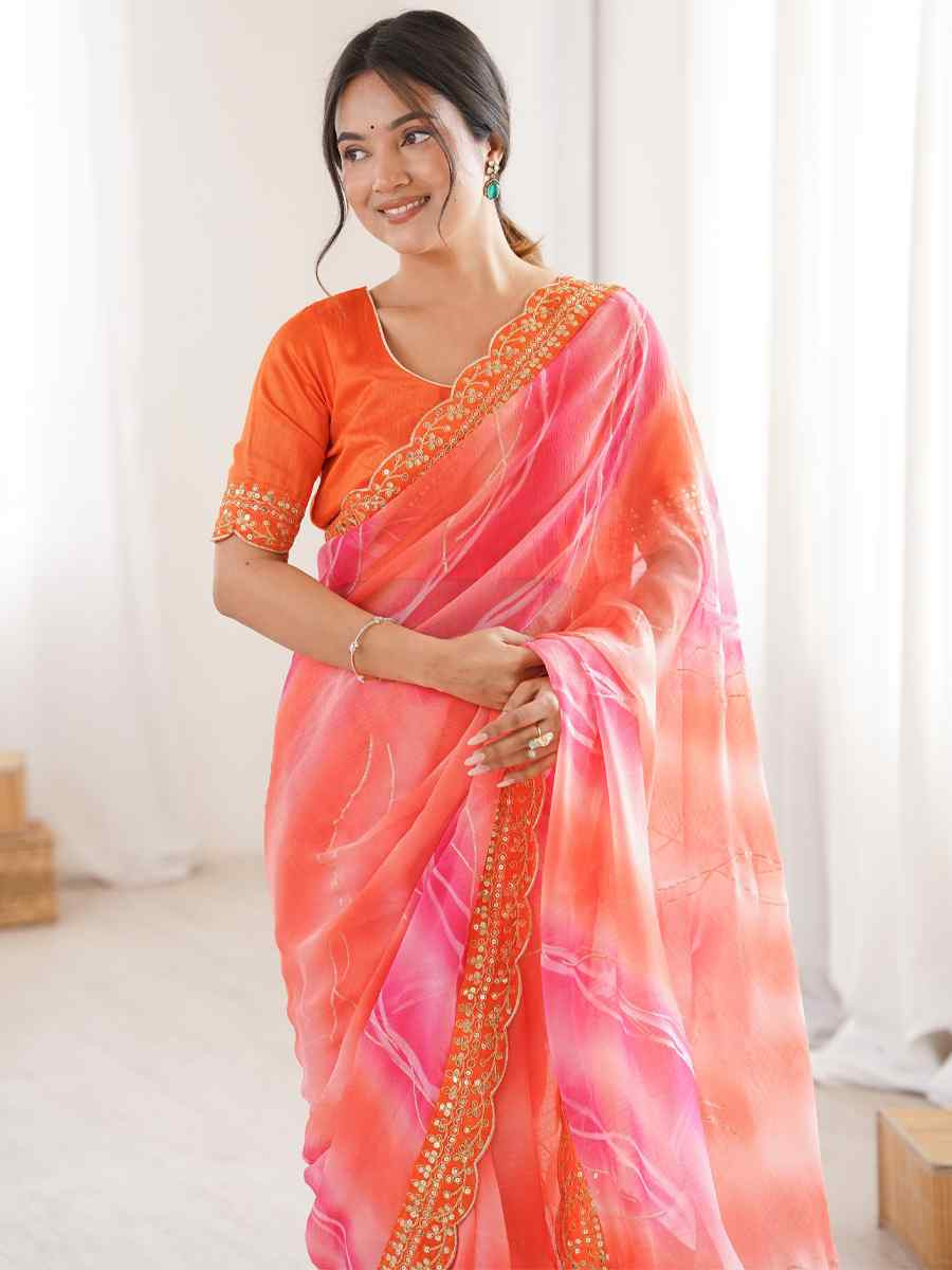 Orange Georgette Chiffon Printed Sequins Embroidery Reception Festival Wedding Party Fancy Heavy Border Sarees