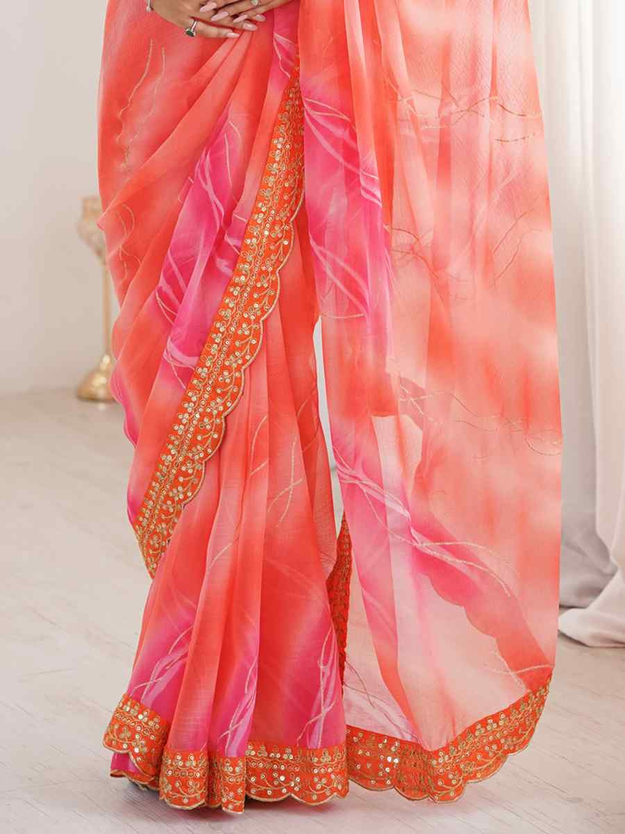 Orange Georgette Chiffon Printed Sequins Embroidery Reception Festival Wedding Party Fancy Heavy Border Sarees