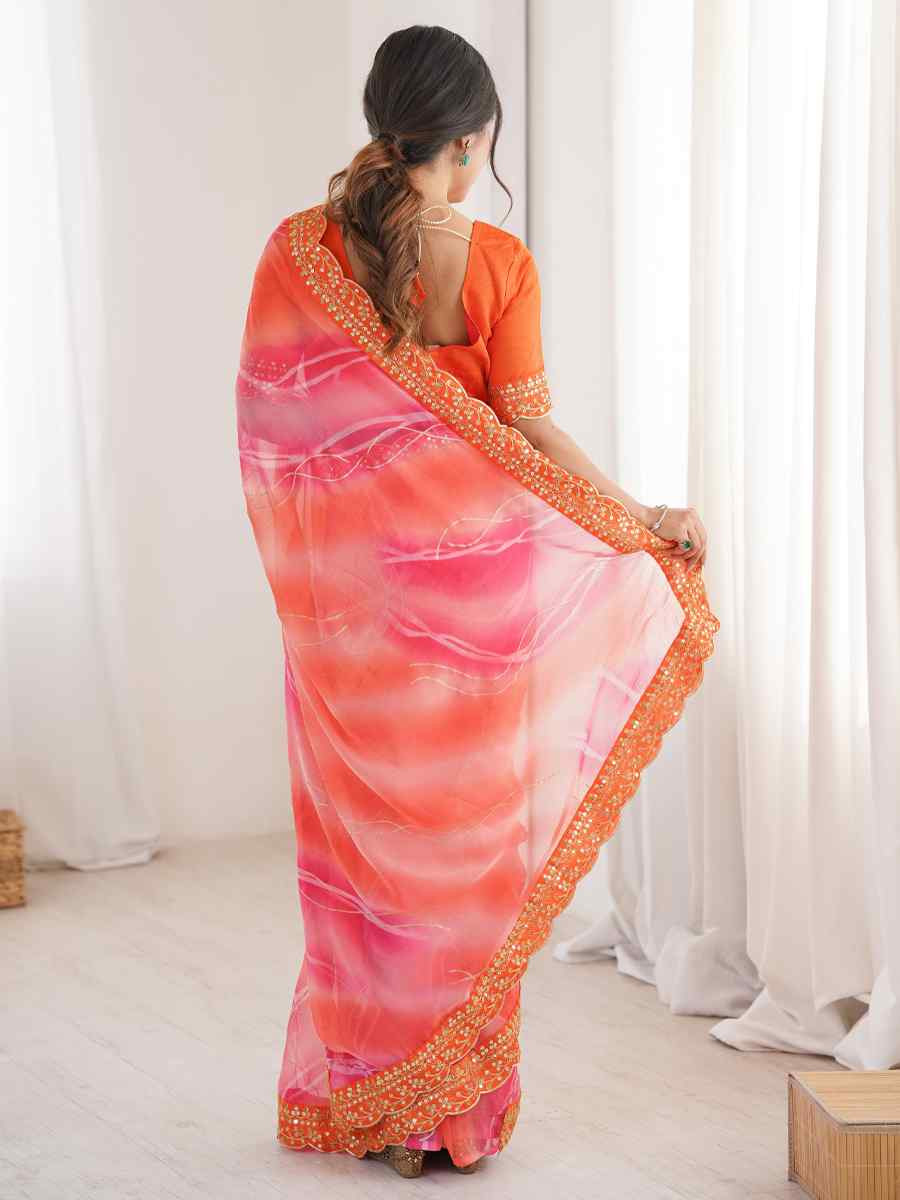 Orange Georgette Chiffon Printed Sequins Embroidery Reception Festival Wedding Party Fancy Heavy Border Sarees