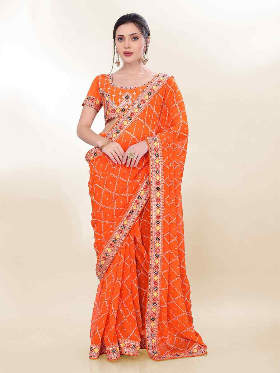 Orange Georgette Embroidered Bridesmaid Reception Heavy Border Saree