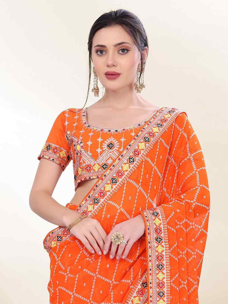 Orange Georgette Embroidered Bridesmaid Reception Heavy Border Saree