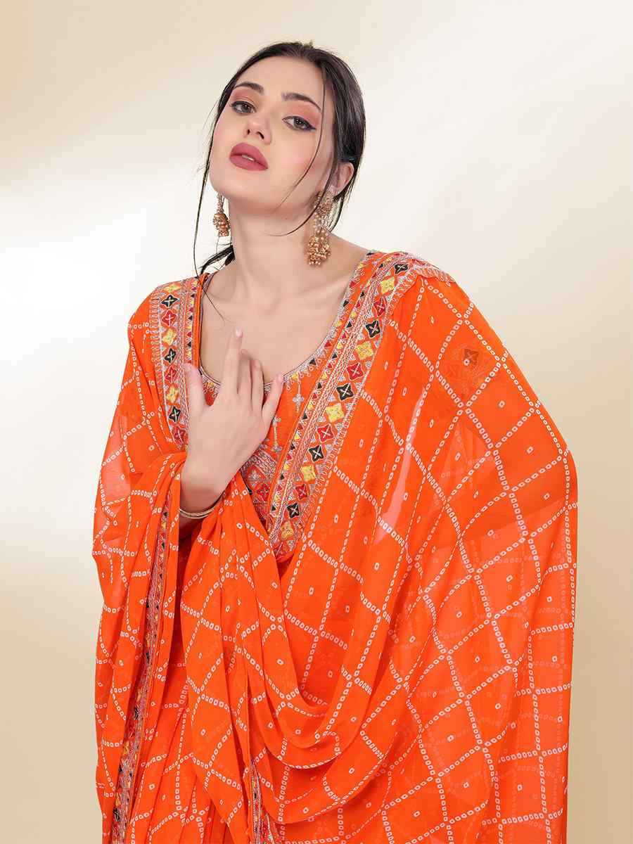 Orange Georgette Embroidered Bridesmaid Reception Heavy Border Saree