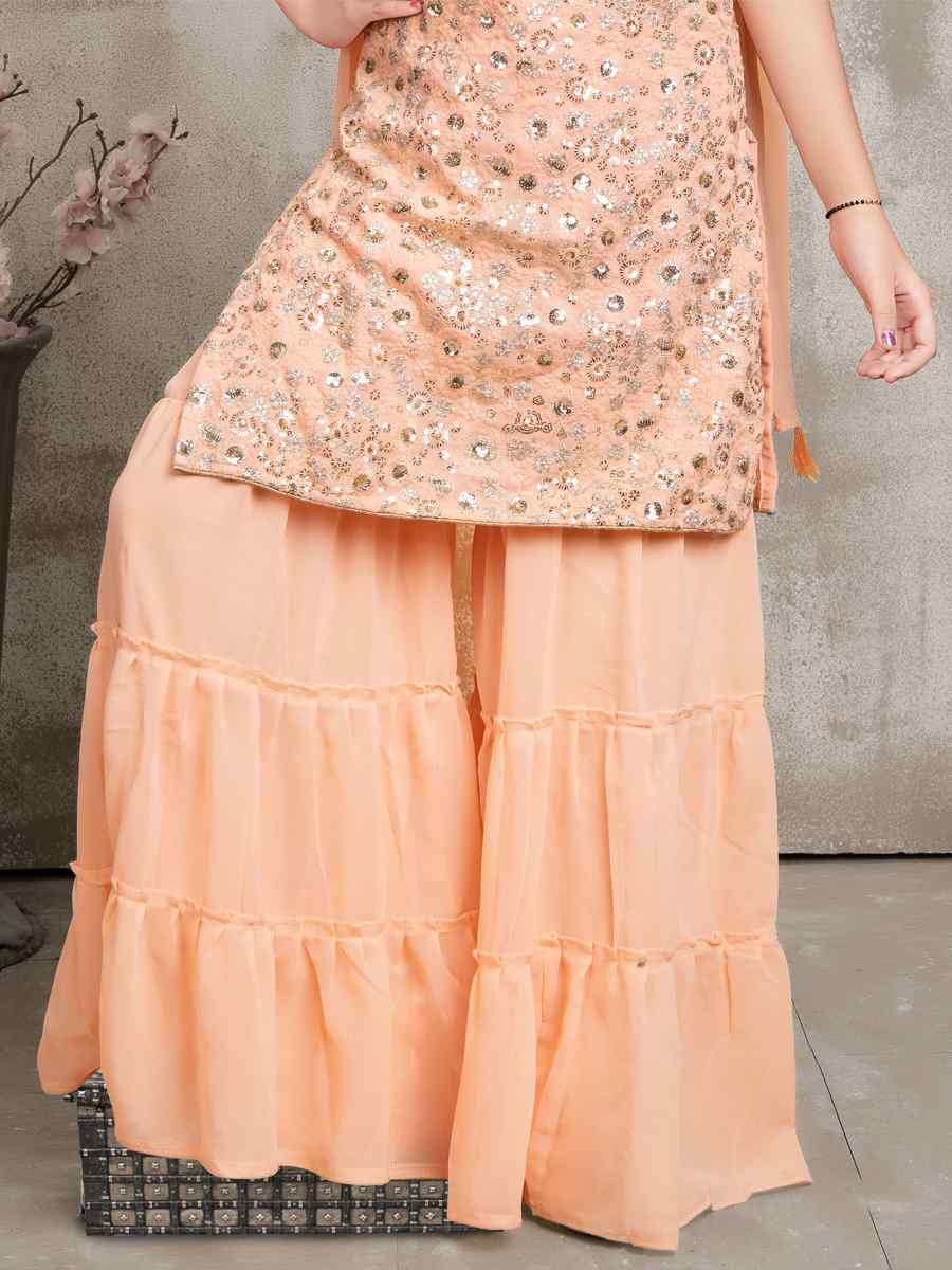 Orange Georgette Embroidered Festival Wedding Kurta Sharara Girls Wear