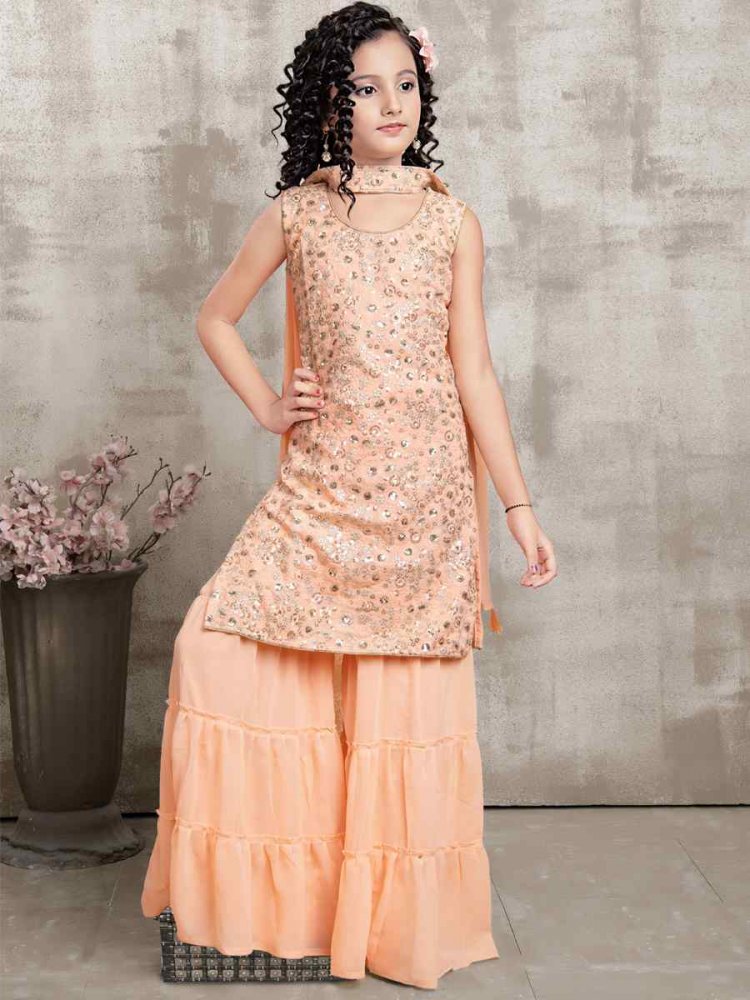 Orange Georgette Embroidered Festival Wedding Kurta Sharara Girls Wear