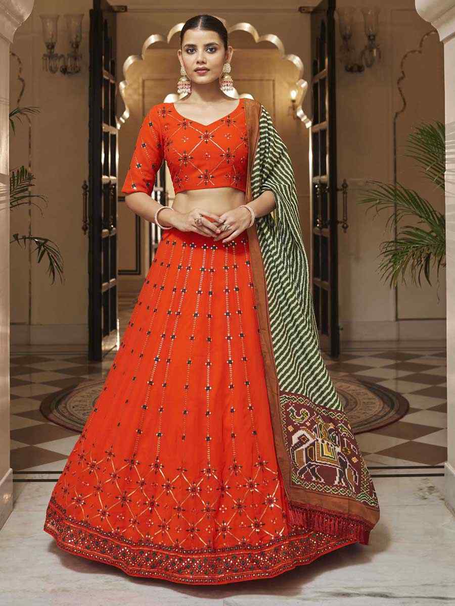 Orange Georgette Embroidered Wedding Festival Heavy Border Lehenga Choli