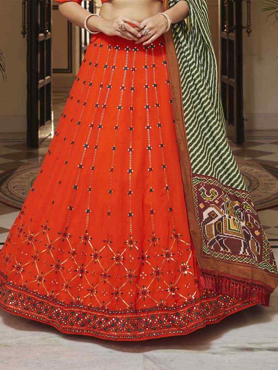 Orange Georgette Embroidered Wedding Festival Heavy Border Lehenga Choli