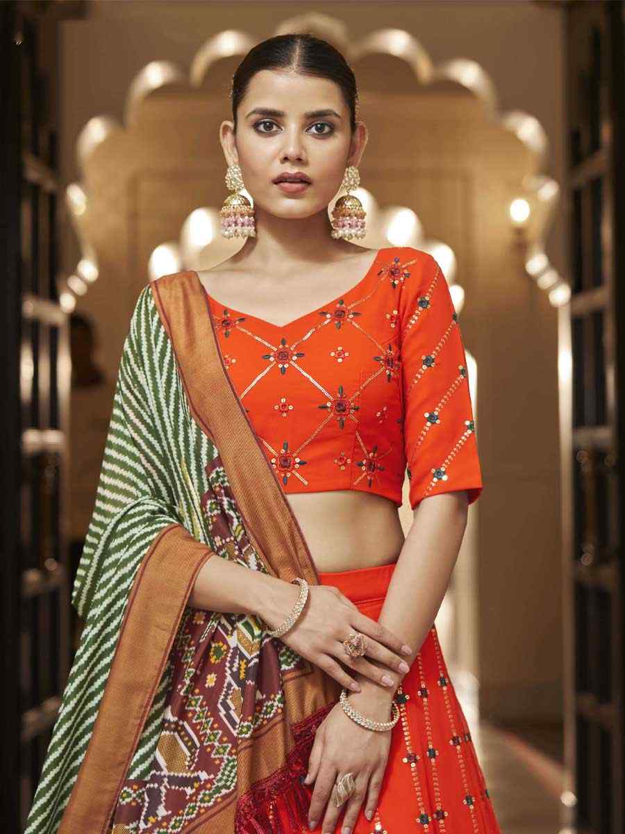 Orange Georgette Embroidered Wedding Festival Heavy Border Lehenga Choli