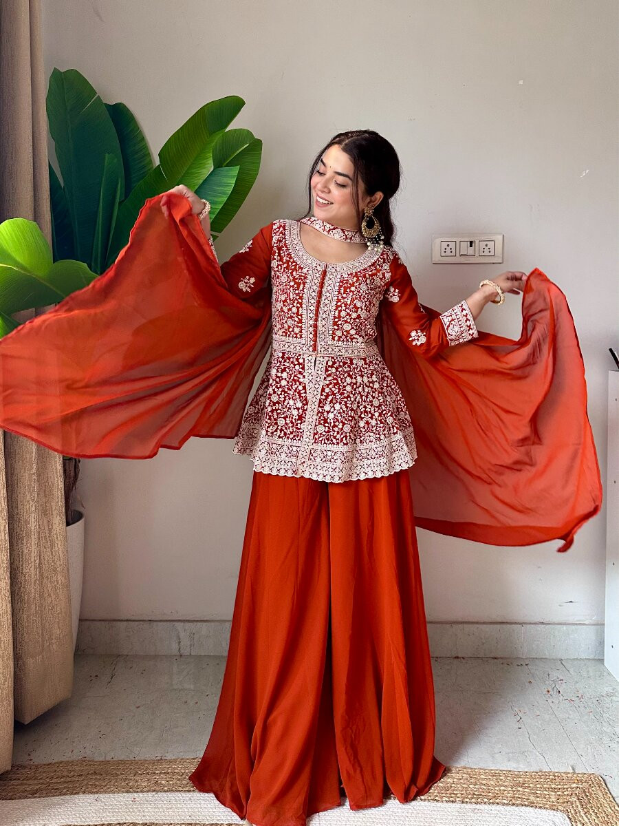 Orange Georgette Embroidery Sequins Wedding Party Festival Casual Ready Palazzo Pant Salwar Kameez