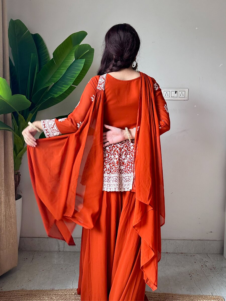 Orange Georgette Embroidery Sequins Wedding Party Festival Casual Ready Palazzo Pant Salwar Kameez