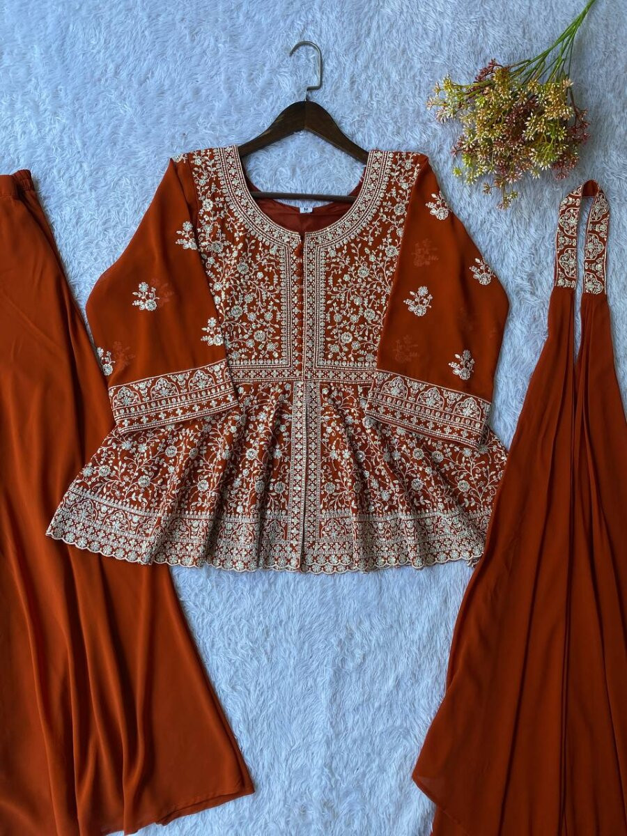 Orange Georgette Embroidery Sequins Wedding Party Festival Casual Ready Palazzo Pant Salwar Kameez