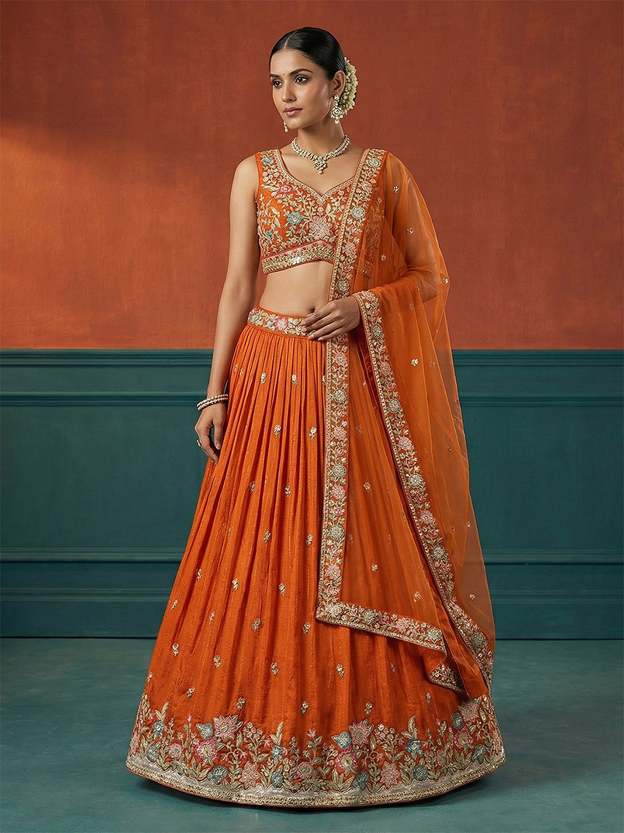 Orange Georgette Embroidery Wedding Reception Party Festival Heavy Border Lehenga Choli