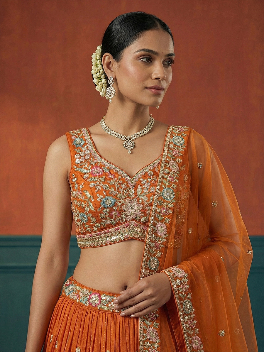 Orange Georgette Embroidery Wedding Reception Party Festival Heavy Border Lehenga Choli