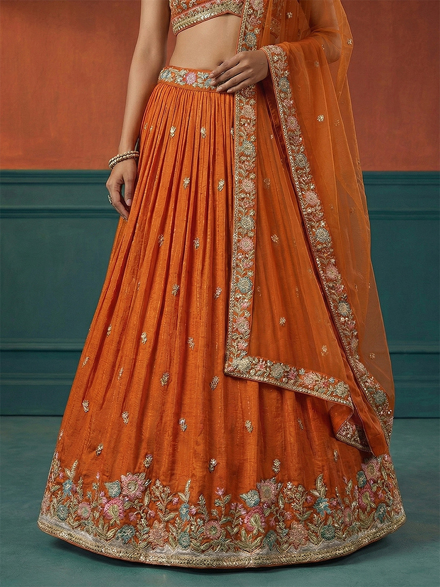 Orange Georgette Embroidery Wedding Reception Party Festival Heavy Border Lehenga Choli
