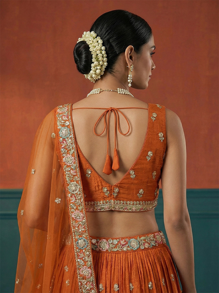 Orange Georgette Embroidery Wedding Reception Party Festival Heavy Border Lehenga Choli