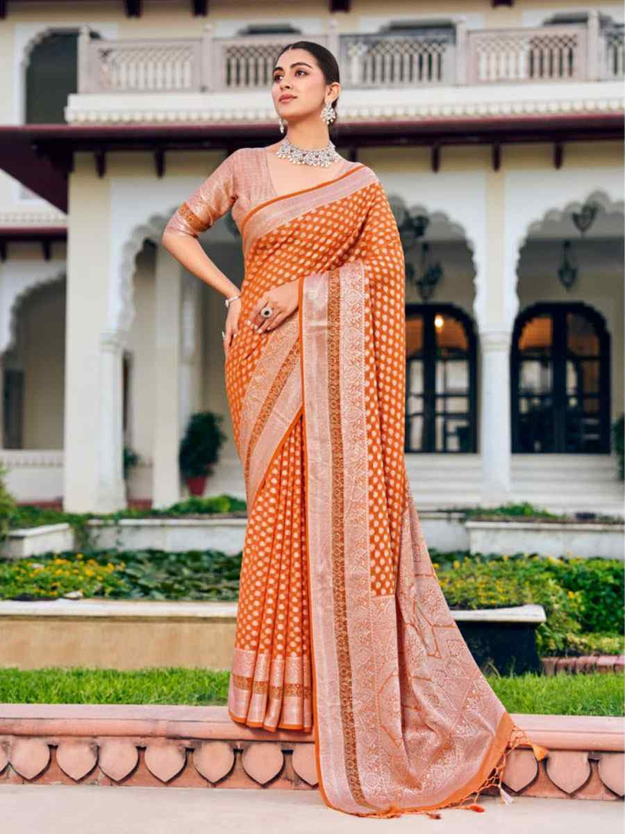 Orange Georgette Handwoven Zari Bridal Reception Festival Wedding Fancy Heavy Border Saree