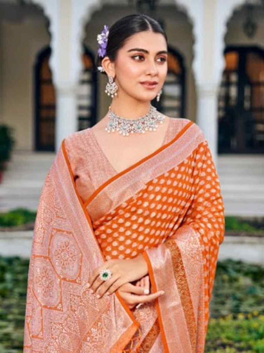 Orange Georgette Handwoven Zari Bridal Reception Festival Wedding Fancy Heavy Border Saree