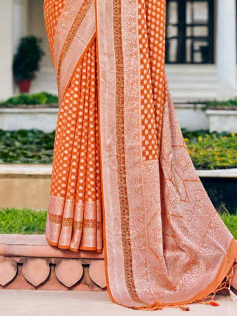 Orange Georgette Handwoven Zari Bridal Reception Festival Wedding Fancy Heavy Border Saree