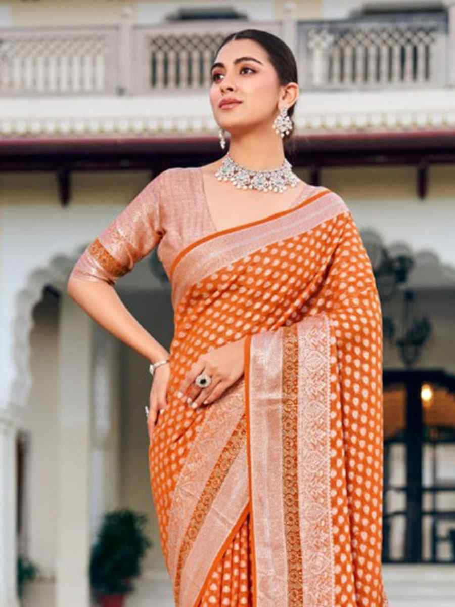 Orange Georgette Handwoven Zari Bridal Reception Festival Wedding Fancy Heavy Border Saree