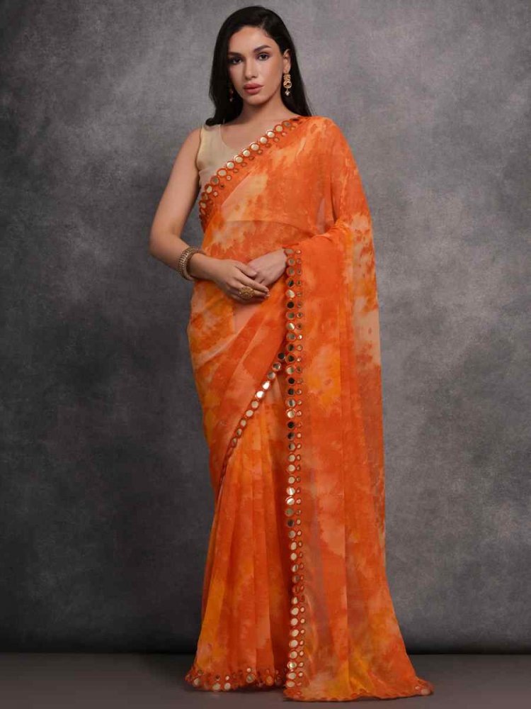 Orange Georgette Printed Party Casual Classic Style Saree