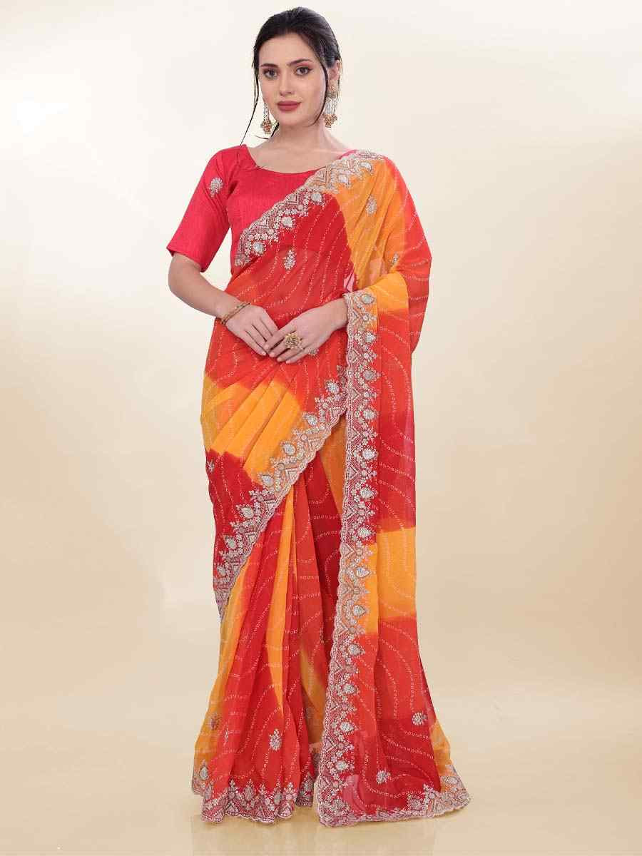 Orange Georgette Printed with Embroidered Festival Wedding Fancy Heavy Border Saree
