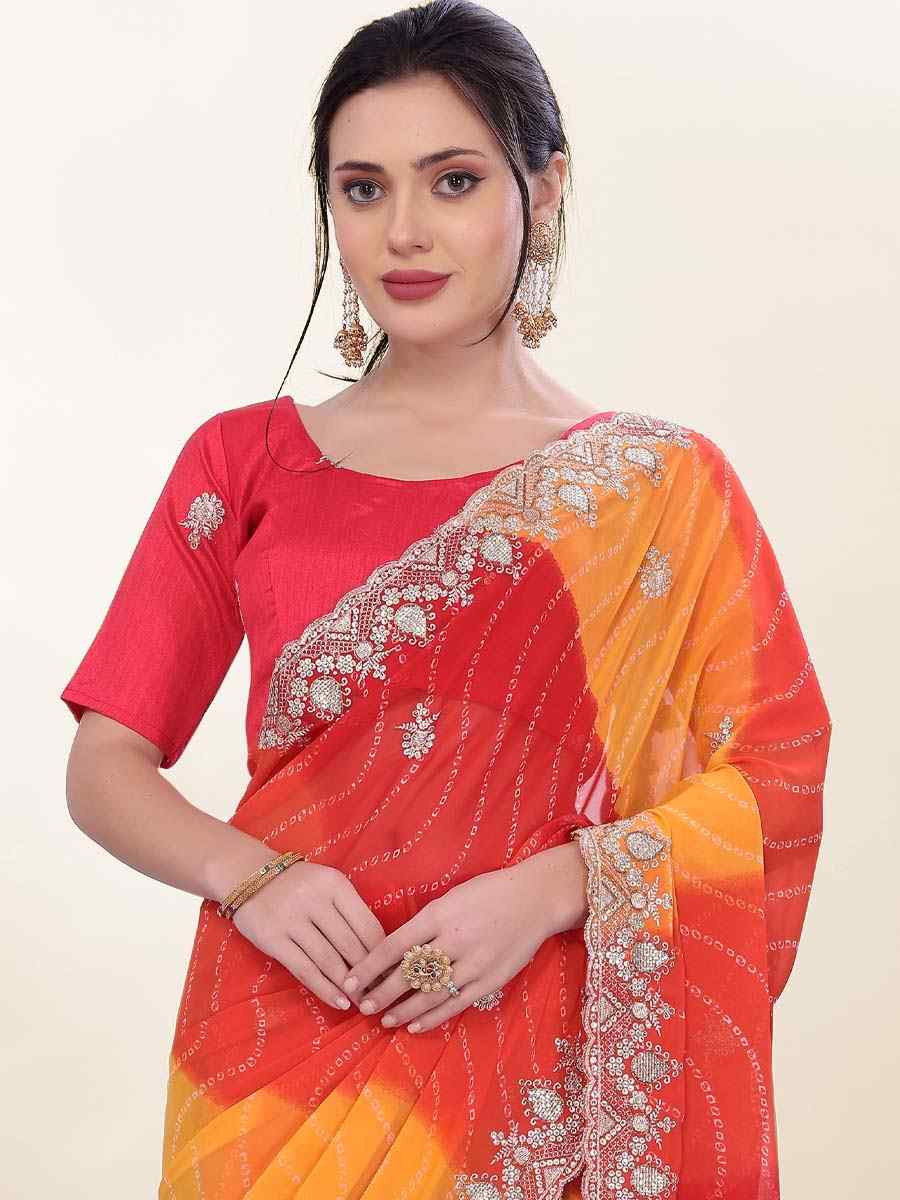 Orange Georgette Printed with Embroidered Festival Wedding Fancy Heavy Border Saree