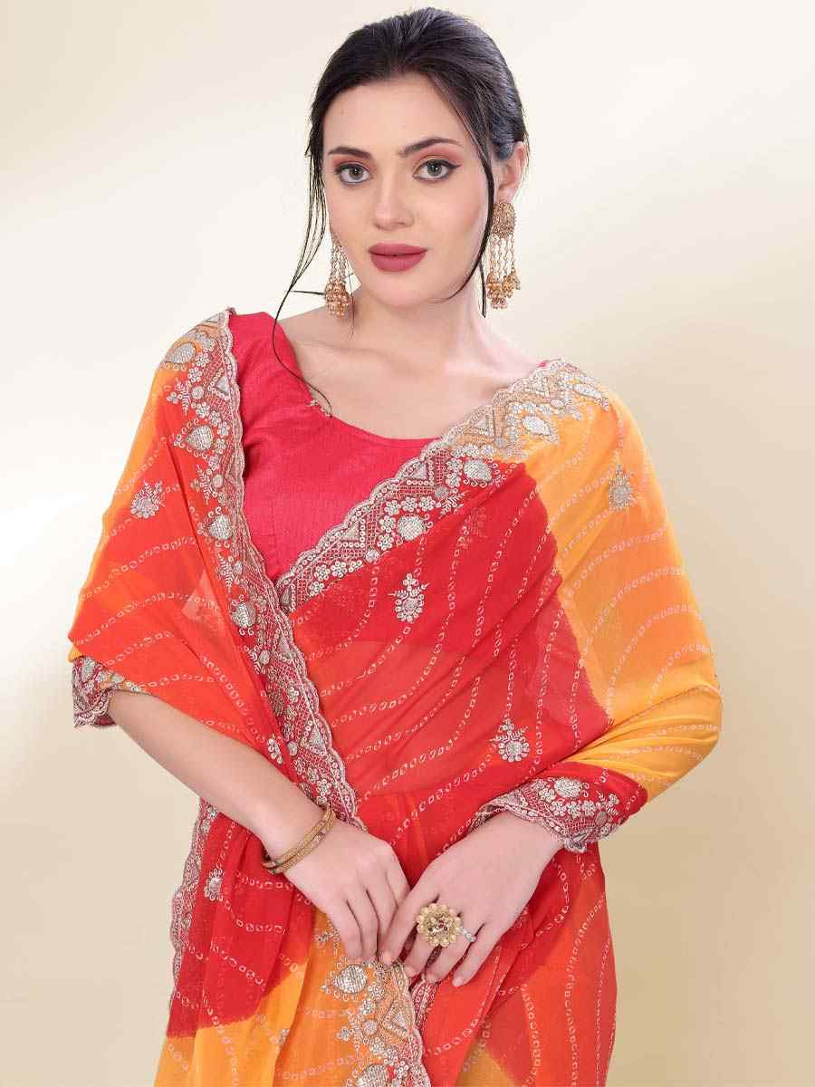 Orange Georgette Printed with Embroidered Festival Wedding Fancy Heavy Border Saree