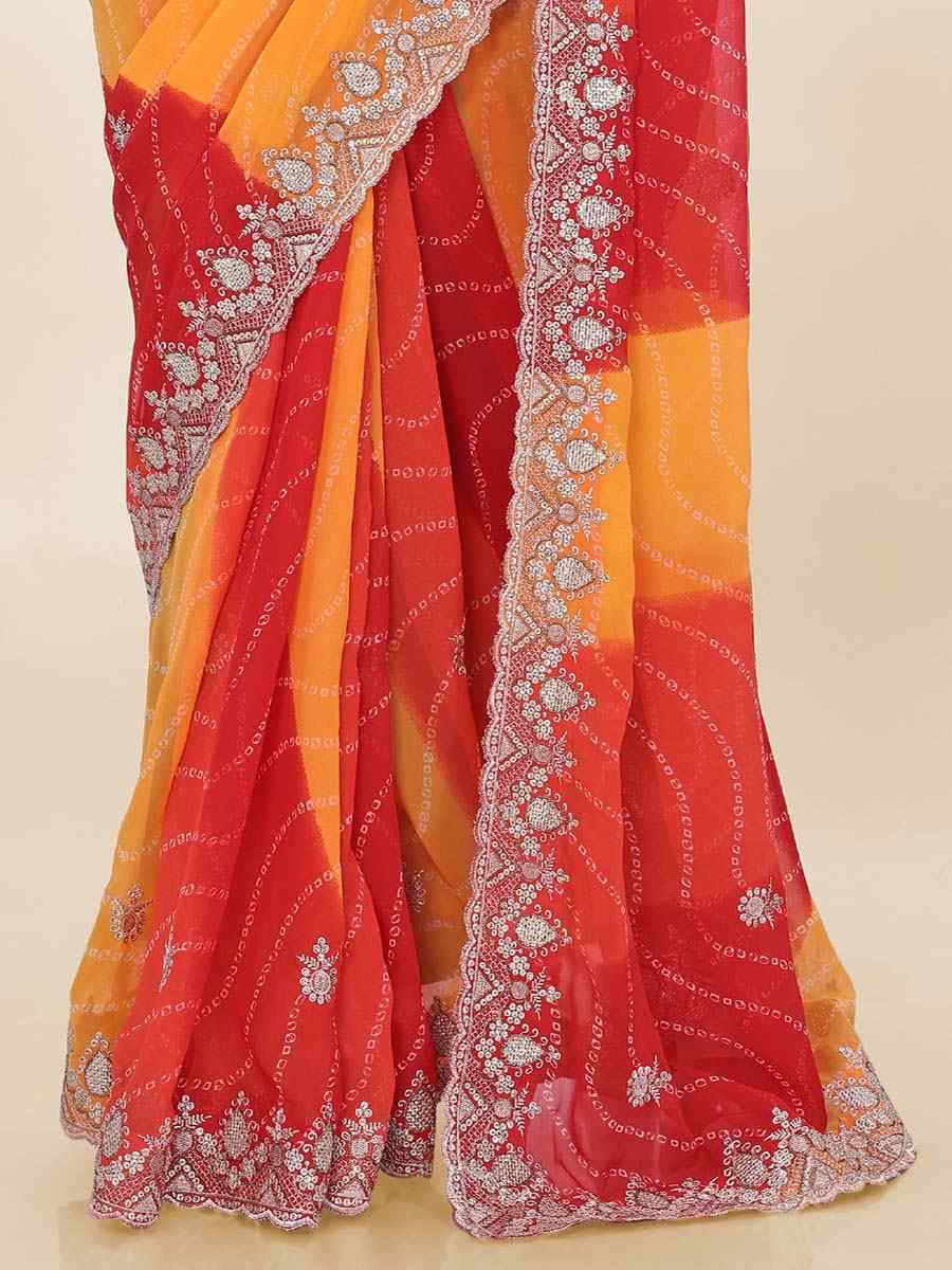 Orange Georgette Printed with Embroidered Festival Wedding Fancy Heavy Border Saree