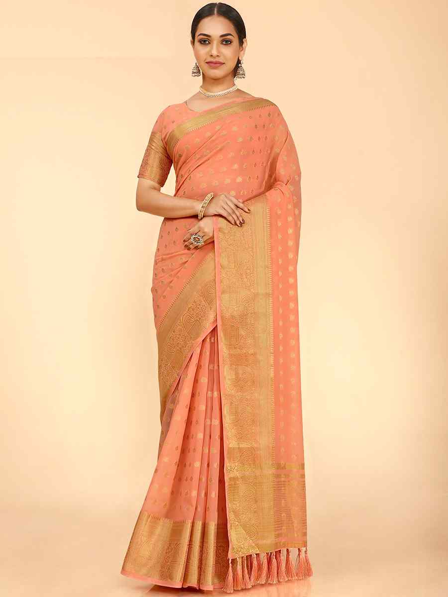 Orange Georgette Silk Handwoven Wedding Festival Heavy Border Saree