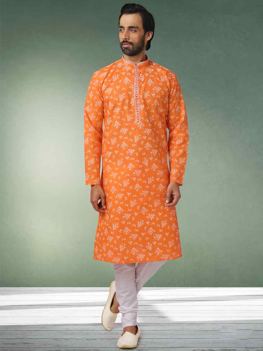 Orange Hand Loomed In Rich Yarns Of Cotton Printed Festival Wedding Kurta