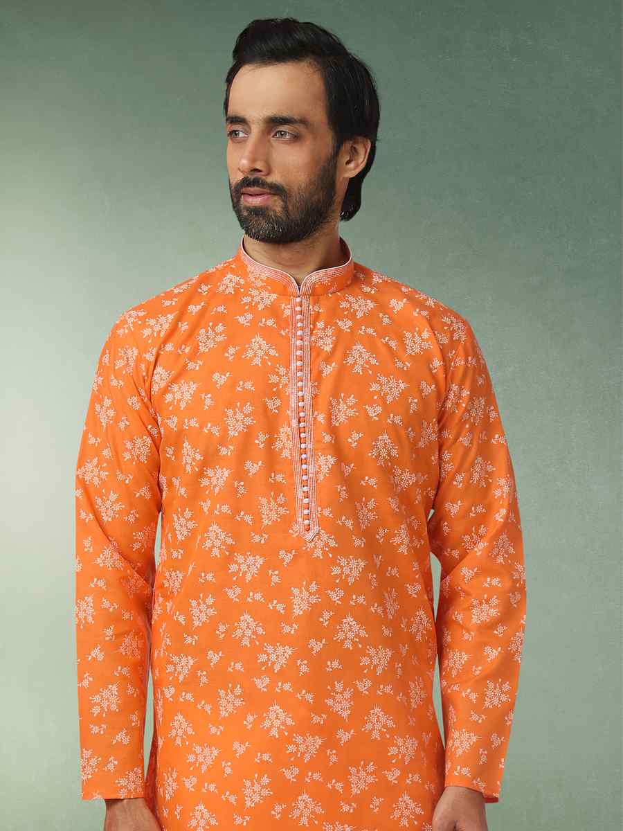 Orange Hand Loomed In Rich Yarns Of Cotton Printed Festival Wedding Kurta